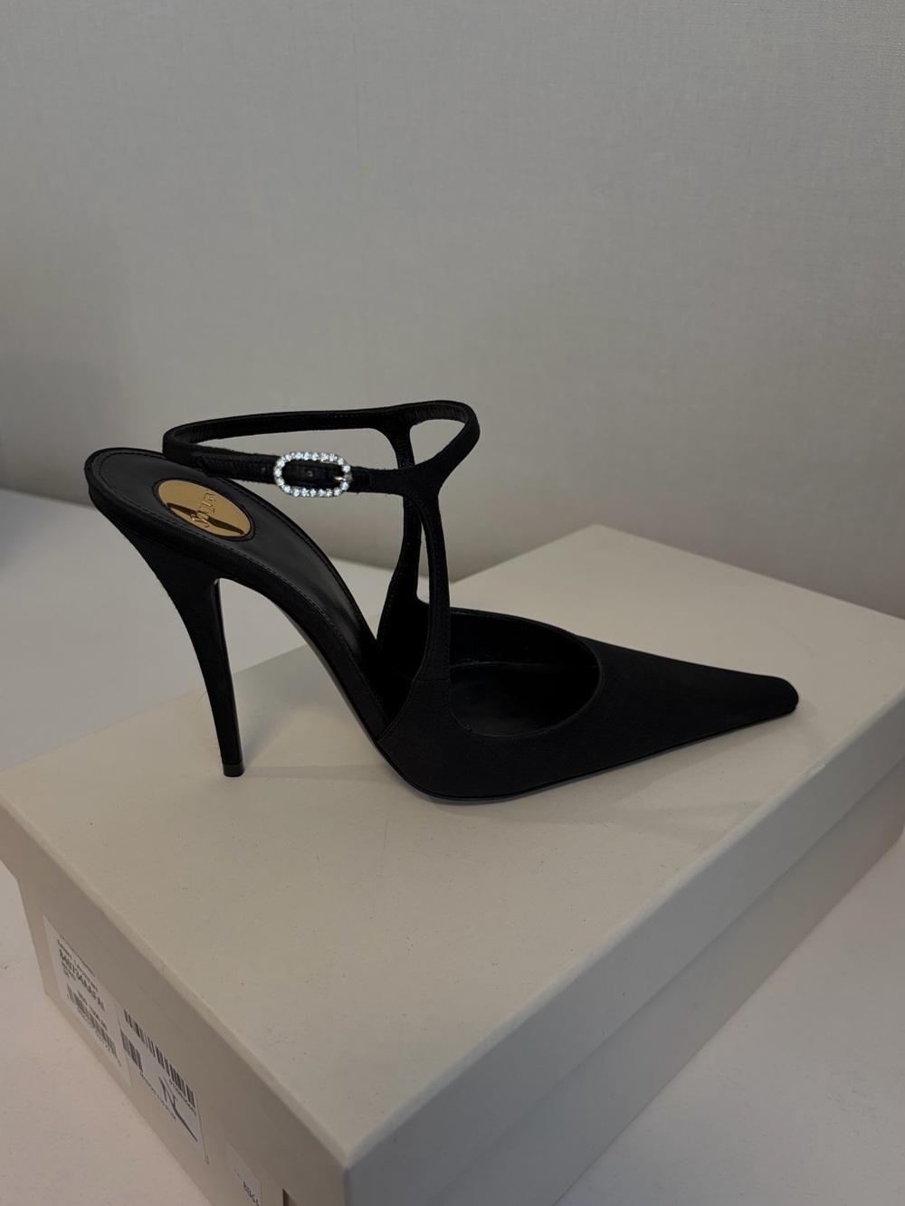 Saint Laurent Black Pointed T-Strap Stiletto with Crystal Buckle